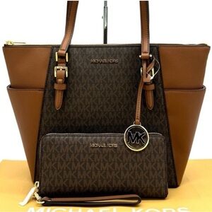 Michael Kors Large Charlotte Tote Bag & Continental Wallet Luggage Brown